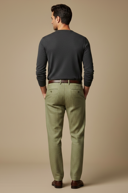 Pantalon Chino Vert Lin Plissé Décontracté Homme - vue 2
