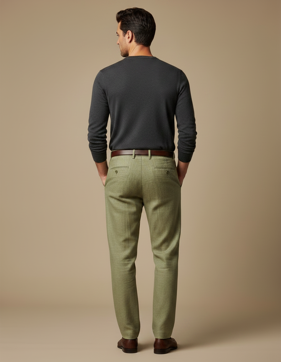 Pantalon Chino Vert Lin Plissé Décontracté Homme - vue 2