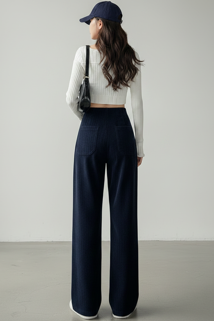 Pantalon Chino Velours Côtelé Ample Taille Haute Femme - Marine Cordé - vue 2