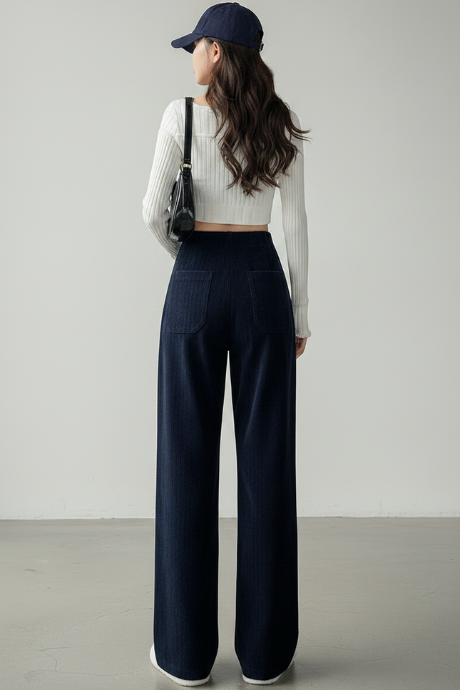 Pantalon Chino Velours Côtelé Ample Taille Haute Femme - Marine Cordé - vue 2