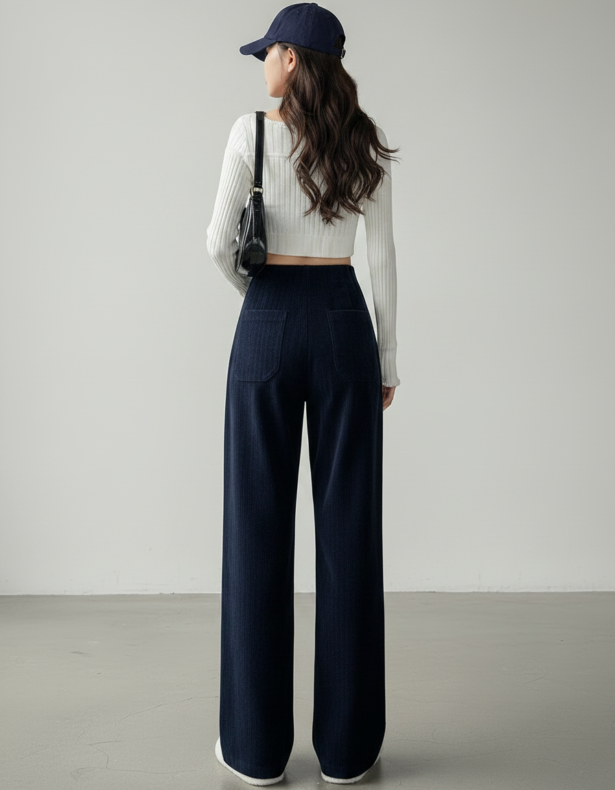 Pantalon Chino Velours Côtelé Ample Taille Haute Femme - Marine Cordé - vue 2