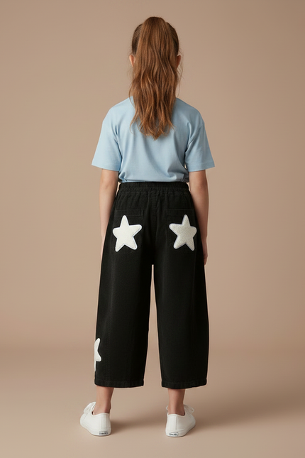 Pantalon Chino Noir Étoiles Blanches Ample Fille - Cordé - vue 2