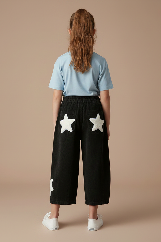 Pantalon Chino Noir Étoiles Blanches Ample Fille - Cordé - vue 2