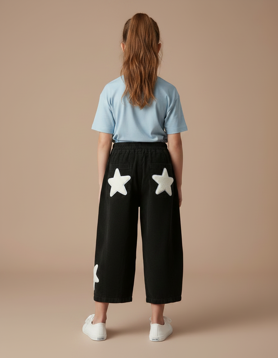 Pantalon Chino Noir Étoiles Blanches Ample Fille - Cordé - vue 2