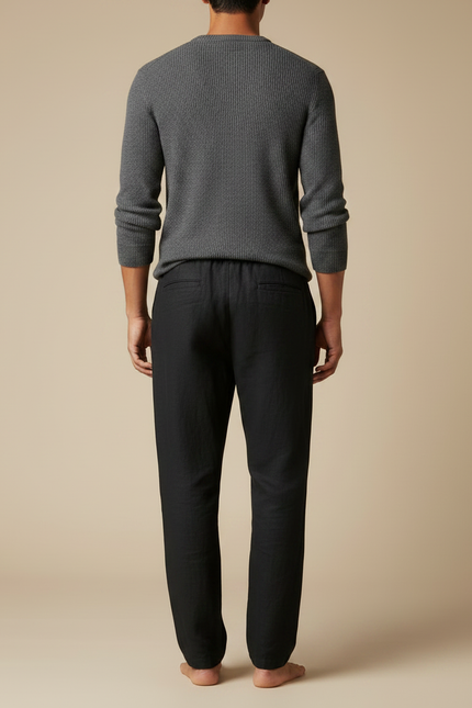 Pantalon Chino Noir Lin Cordon Ample Décontracté Homme - vue 2