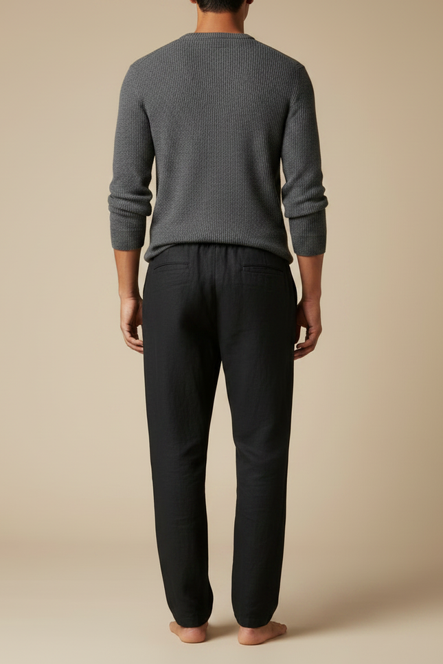 Pantalon Chino Noir Lin Cordon Ample Décontracté Homme - vue 2