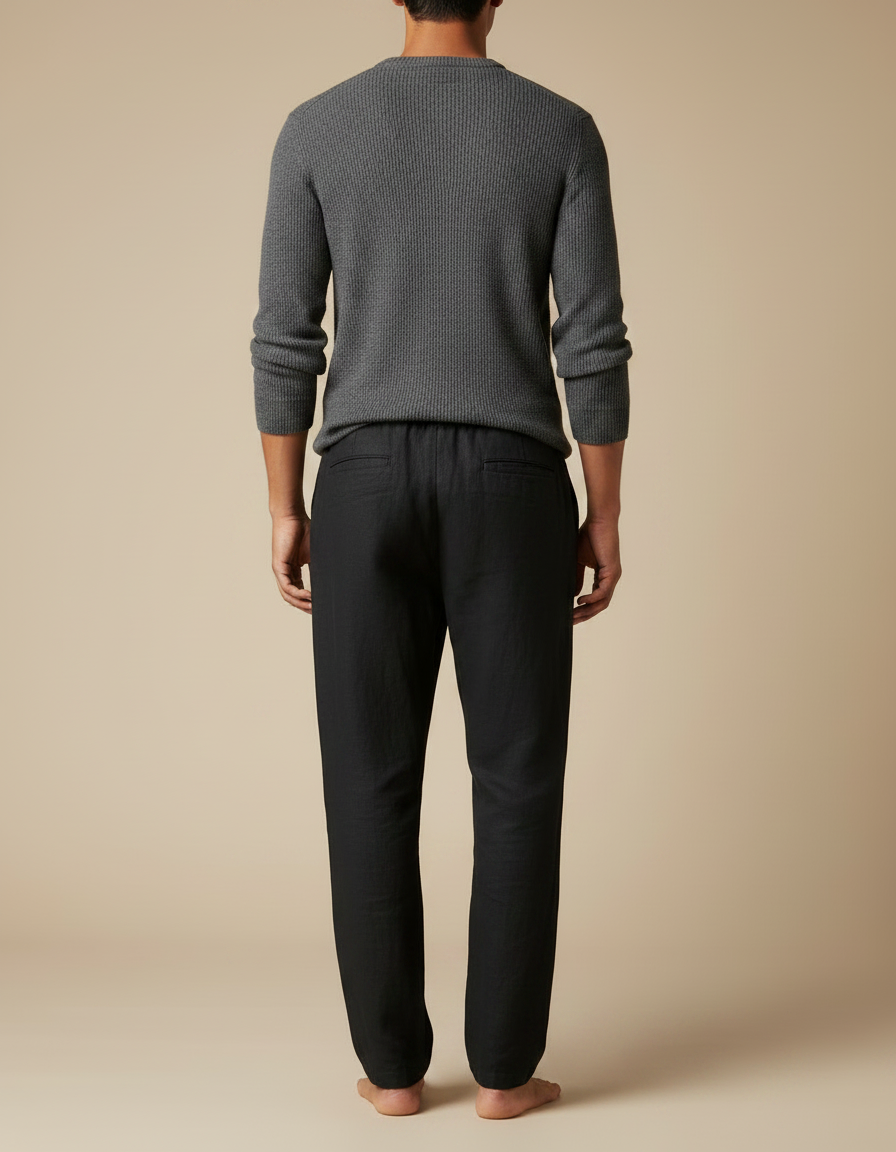 Pantalon Chino Noir Lin Cordon Ample Décontracté Homme - vue 2