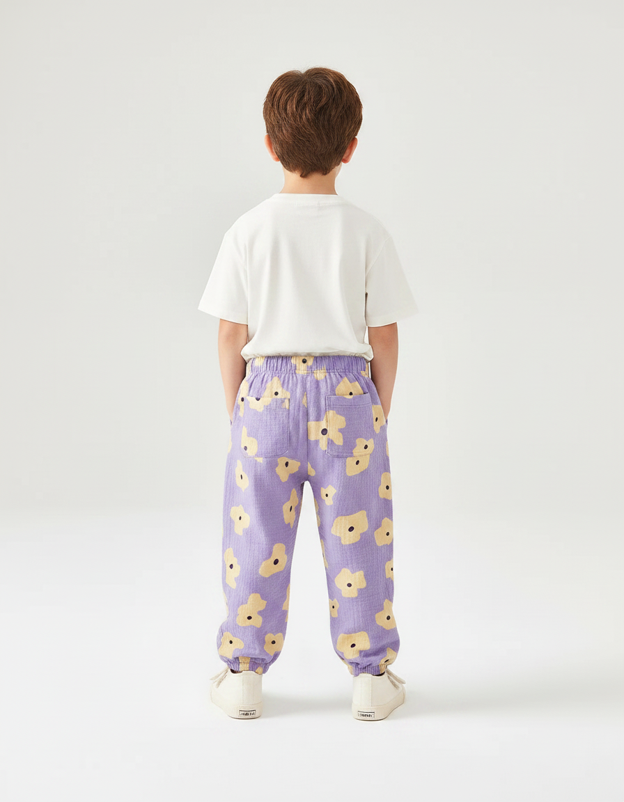 Pantalon Chino Violet Motif Floral Ample Coton Enfant - vue 2