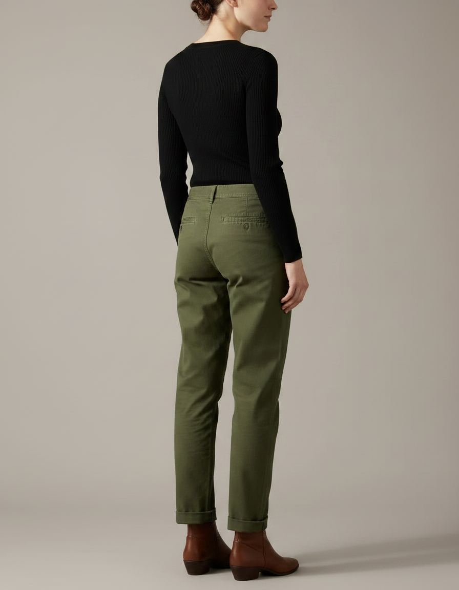 Pantalon Chino Vert Olive Coupe Droite Décontracté Femme - Kaki Gabardine - vue 2