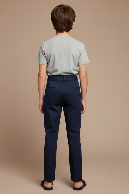 Pantalon Chino Bleu Marine Slim Boutonné Enfant - Gabardine - vue 2