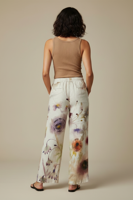 Pantalon Chino Large Fluide Imprimé Floral Beige Décontracté - Lin - vue 2