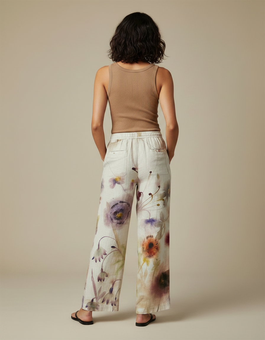 Pantalon Chino Large Fluide Imprimé Floral Beige Décontracté - Lin - vue 2