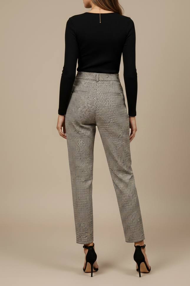 Pantalon Chino Carreaux Plissé Taille Haute Vintage - Beige Laine - vue 2