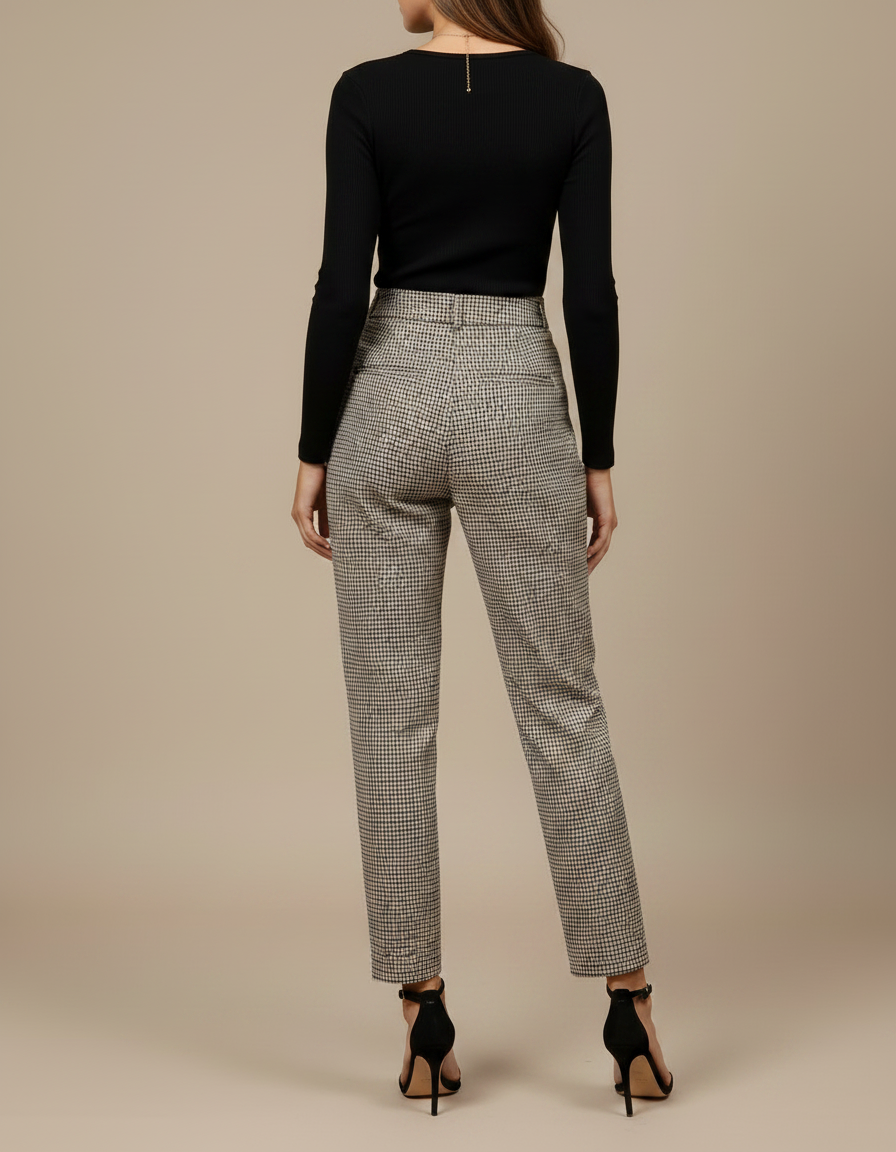 Pantalon Chino Carreaux Plissé Taille Haute Vintage - Beige Laine - vue 2