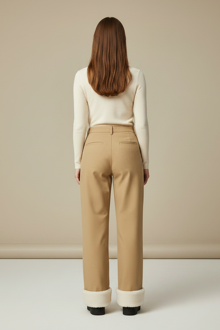 Pantalon Chino Beige Droit Épais Doublé Polaire Femme - Gabardine - vue 2