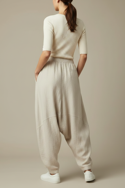Pantalon Chino Lin Ample Élastique Beige Décontracté - vue 2