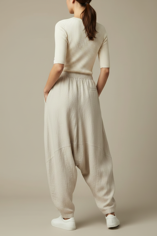 Pantalon Chino Lin Ample Élastique Beige Décontracté - vue 2