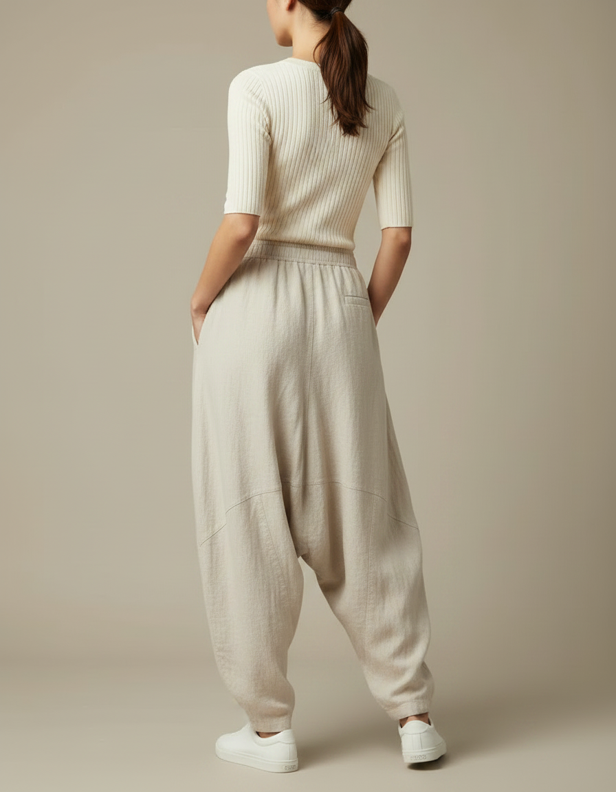 Pantalon Chino Lin Ample Élastique Beige Décontracté - vue 2