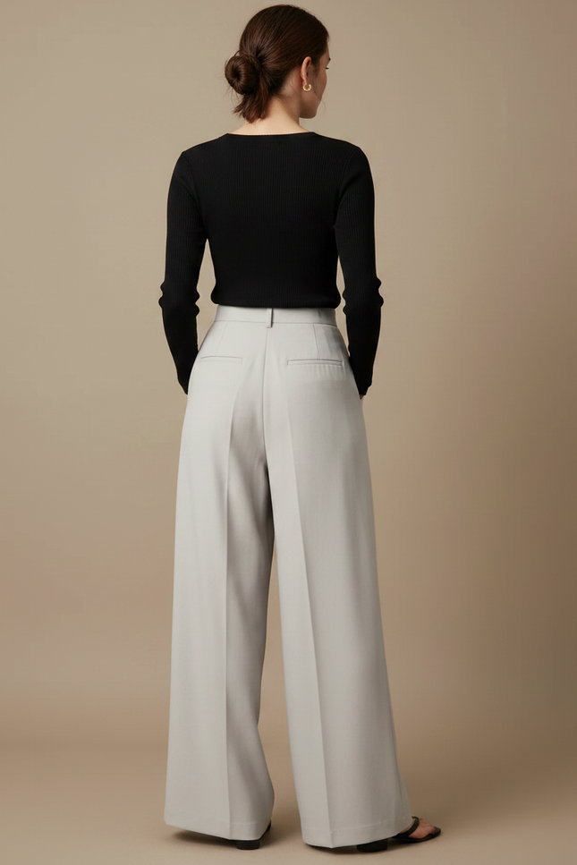 Pantalon Chino Gris Clair Plissé Ample Élégant Femme - Gabardine - vue 2