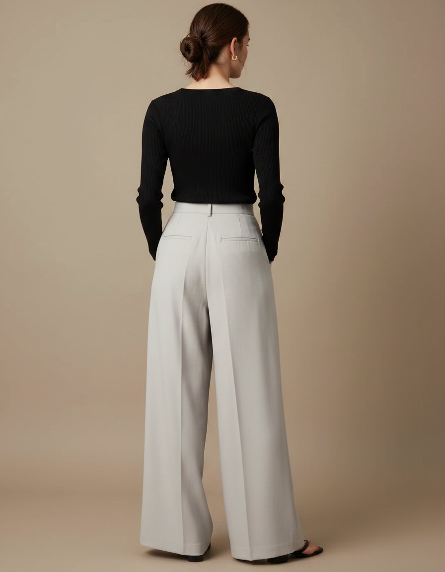 Pantalon Chino Gris Clair Plissé Ample Élégant Femme - Gabardine - vue 2