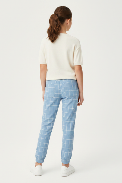 Pantalon Chino Bleu Carreaux Blancs Décontracté Fille - Gabardine - vue 2