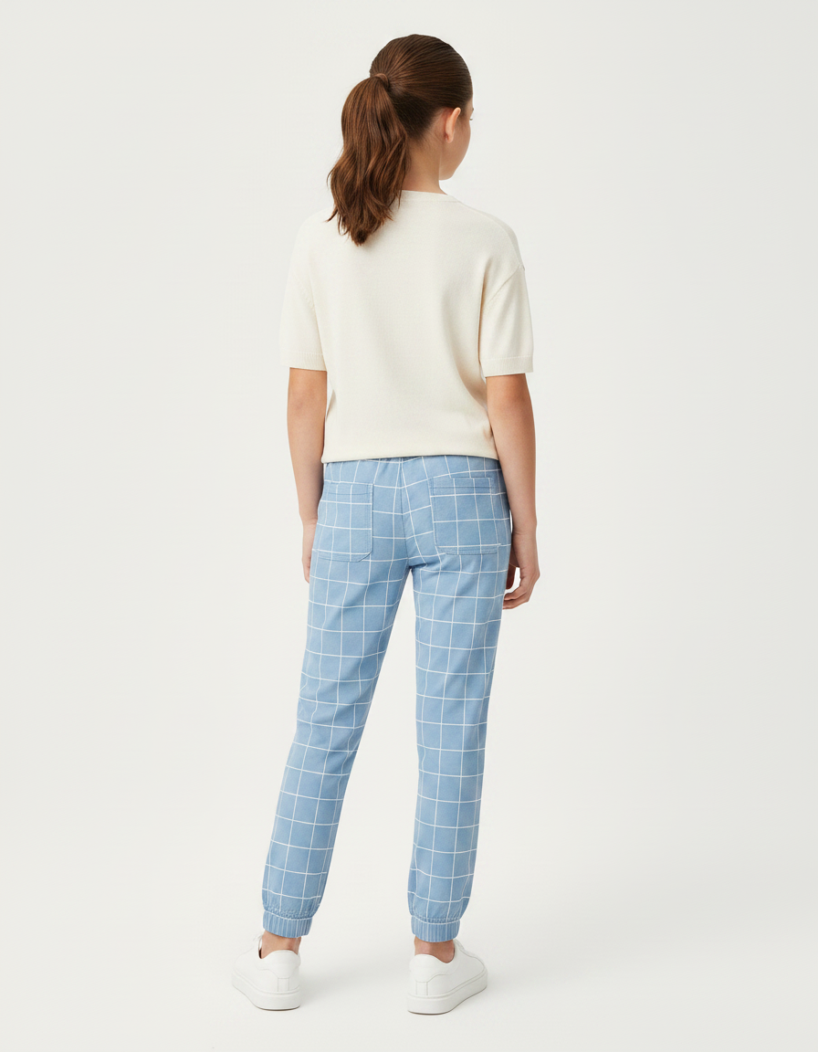 Pantalon Chino Bleu Carreaux Blancs Décontracté Fille - Gabardine - vue 2