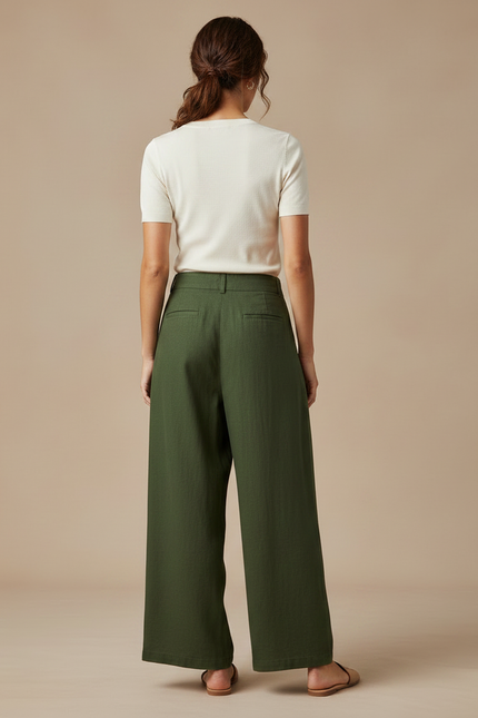 Pantalon Chino Vert Ample Fluide Décontracté Femme - Lin - vue 2