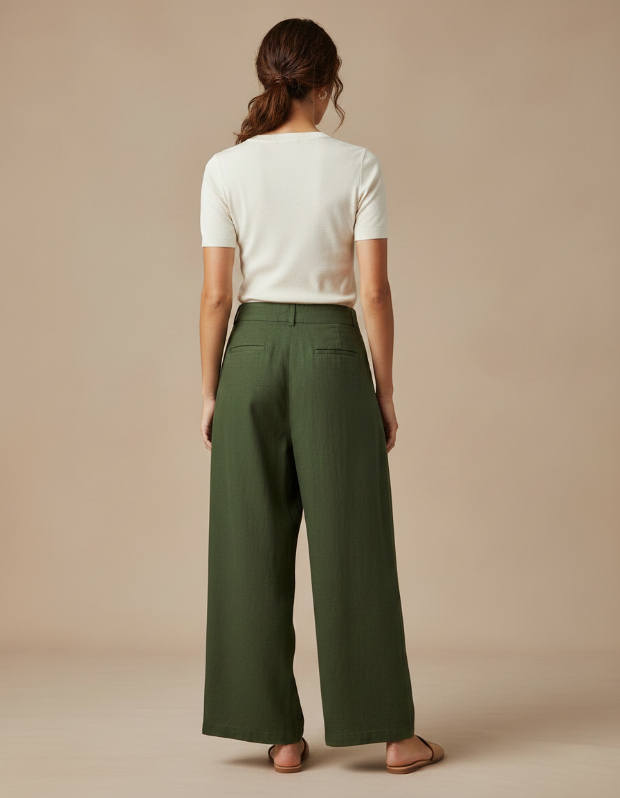 Pantalon Chino Vert Ample Fluide Décontracté Femme - Lin - vue 2