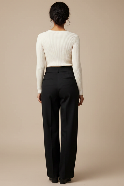 Pantalon Chino Noir Taille Haute Ample Élégant - Gabardine - vue 2