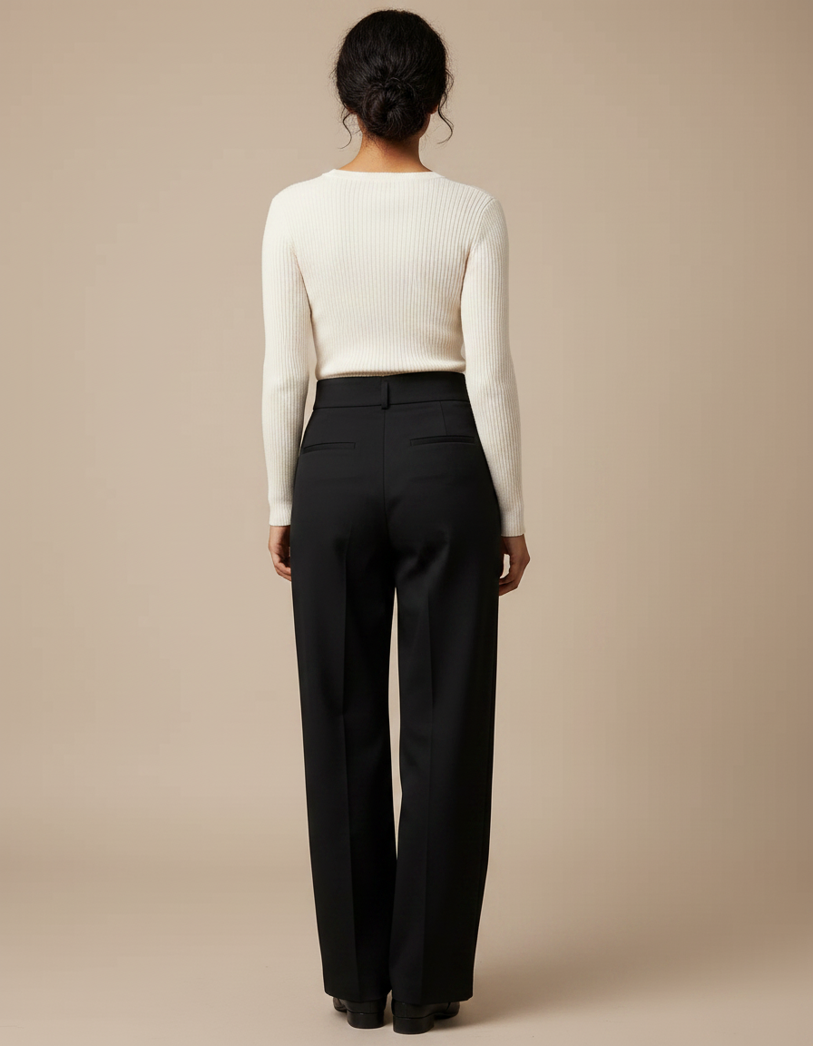Pantalon Chino Noir Taille Haute Ample Élégant - Gabardine - vue 2