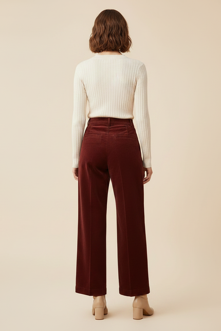 Pantalon Chino Bordeaux Velours Côtelé Ample Taille Haute Femme - Cordé - vue 2