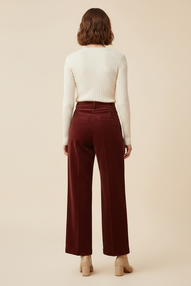 Pantalon Chino Bordeaux Velours Côtelé Ample Taille Haute Femme - Cordé - vue 2