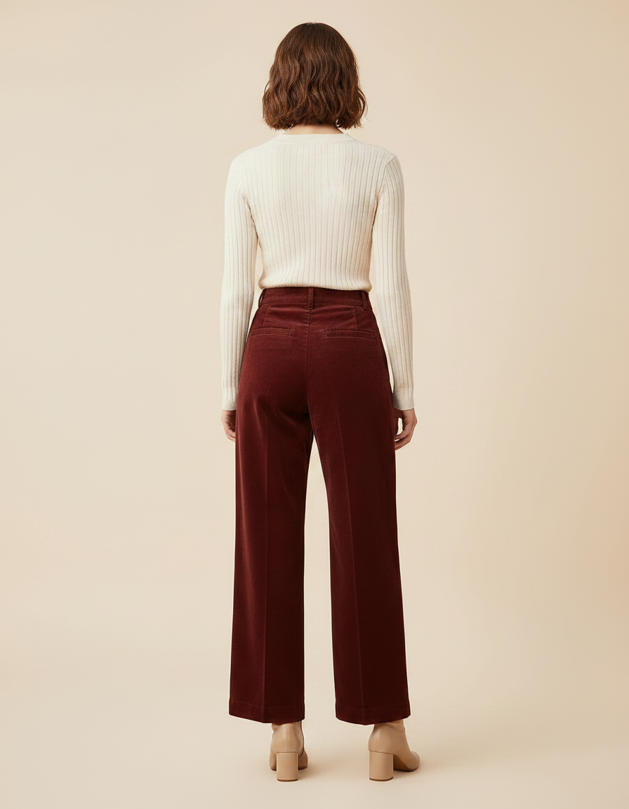 Pantalon Chino Bordeaux Velours Côtelé Ample Taille Haute Femme - Cordé - vue 2
