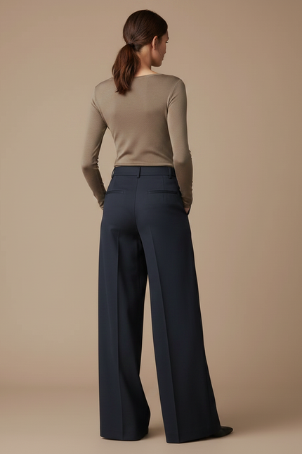 Pantalon Chino Bleu Marine Ample Taille Haute Élégant Femme - Gabardine - vue 2