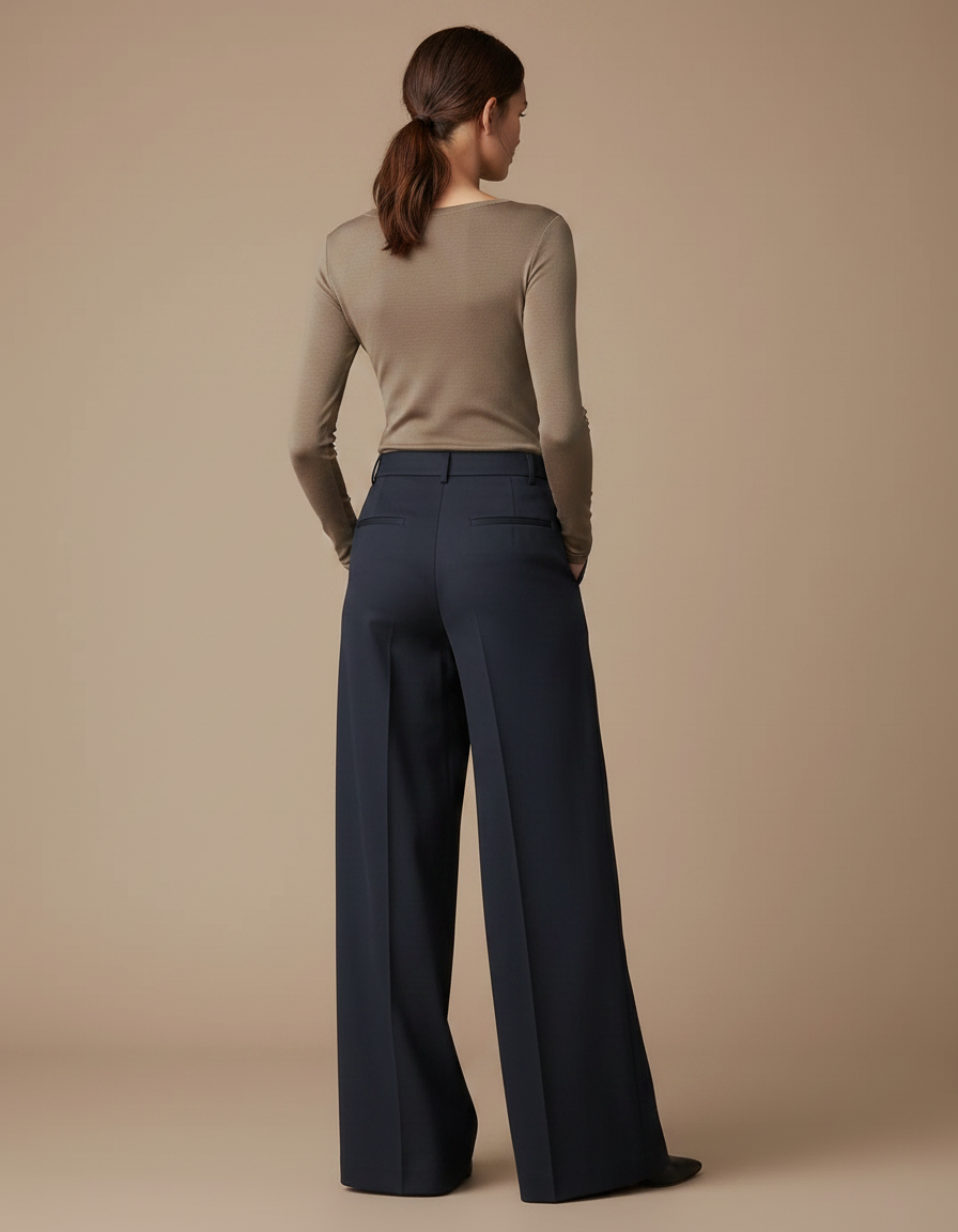 Pantalon Chino Bleu Marine Ample Taille Haute Élégant Femme - Gabardine - vue 2