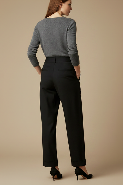 Pantalon Chino Noir Plissé Ample Taille Haute Élégant - Gabardine - vue 2