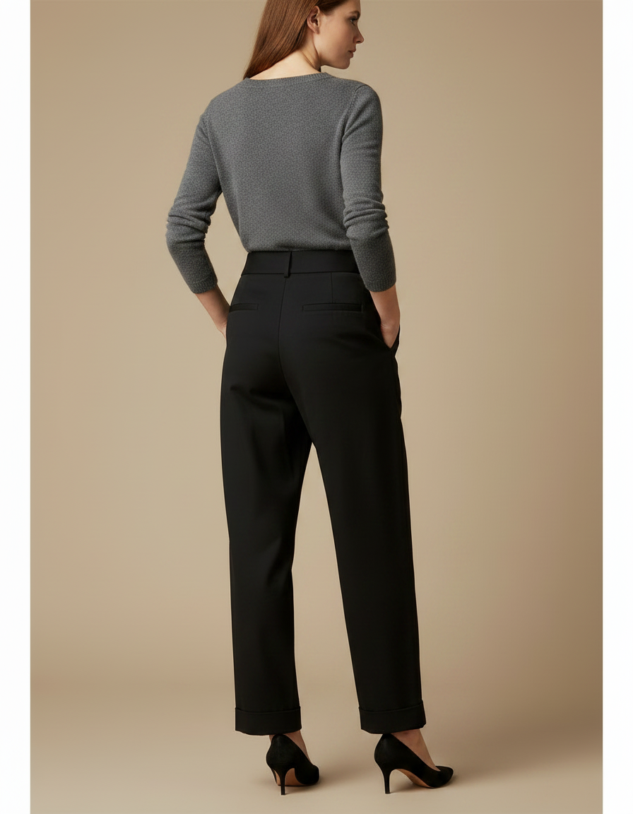 Pantalon Chino Noir Plissé Ample Taille Haute Élégant - Gabardine - vue 2