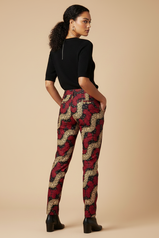Pantalon Chino Motif Ethnique Rouge Noir Doré Slim - Imprimé Coton - vue 2