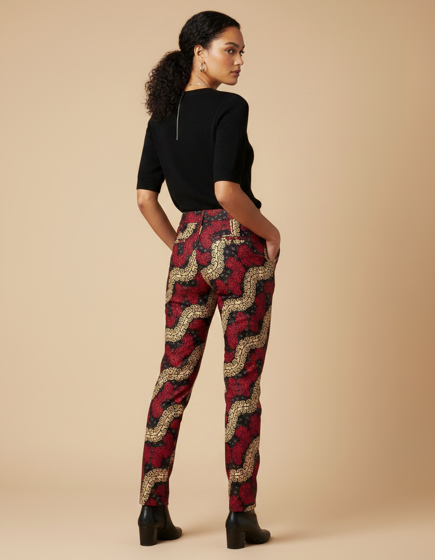 Pantalon Chino Motif Ethnique Rouge Noir Doré Slim - Imprimé Coton - vue 2