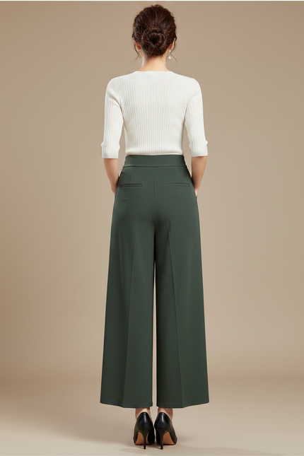 Pantalon Chino Vert Ample Fluide Taille Haute Élégant - Polyester - vue 2