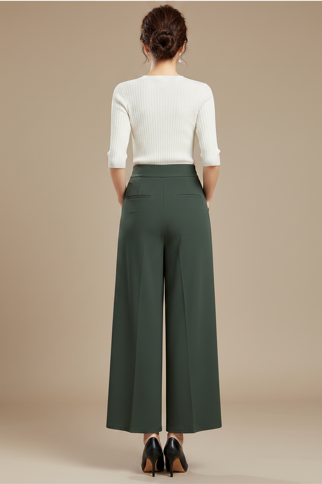 Pantalon Chino Vert Ample Fluide Taille Haute Élégant - Polyester - vue 2