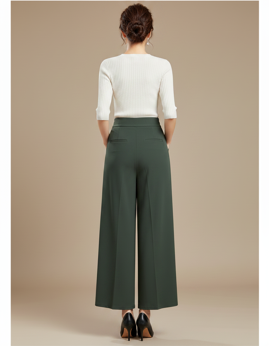 Pantalon Chino Vert Ample Fluide Taille Haute Élégant - Polyester - vue 2