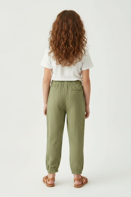 Pantalon Chino Vert Olive Coton Texturé Ample Enfant - vue 2