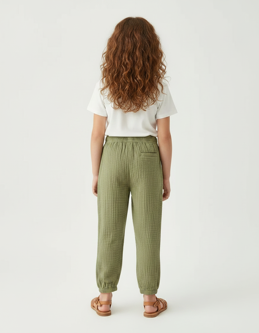 Pantalon Chino Vert Olive Coton Texturé Ample Enfant - vue 2