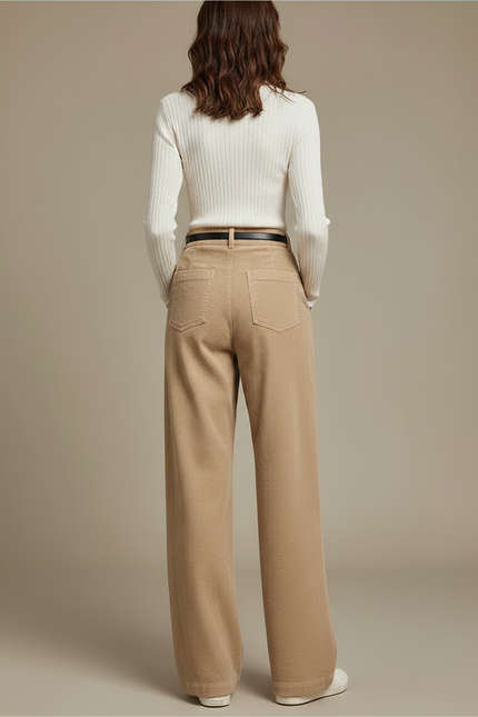Pantalon Chino Beige Côtelé Ample Taille Haute Femme - Cordé - vue 2