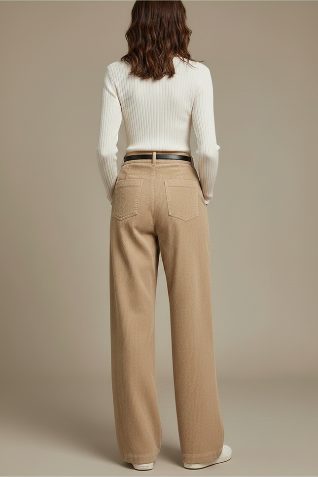 Pantalon Chino Beige Côtelé Ample Taille Haute Femme - Cordé - vue 2