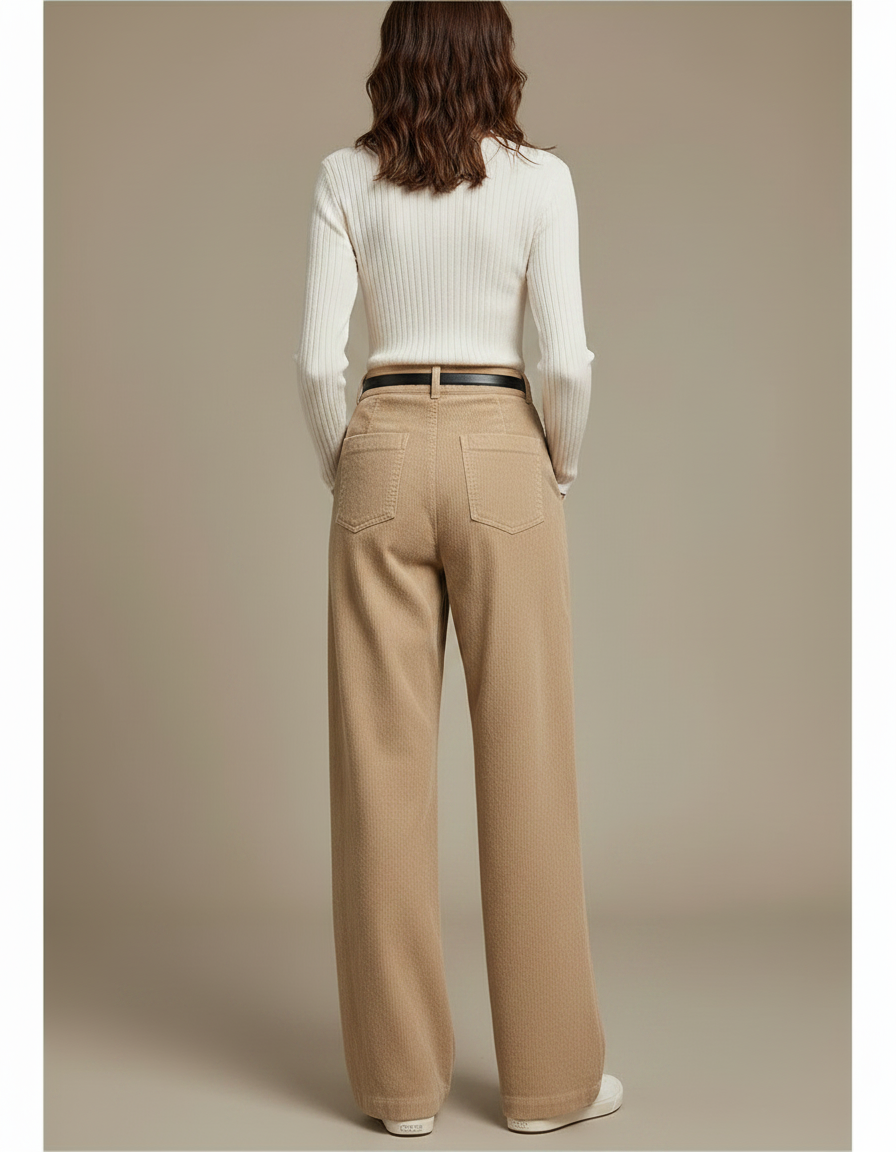 Pantalon Chino Beige Côtelé Ample Taille Haute Femme - Cordé - vue 2