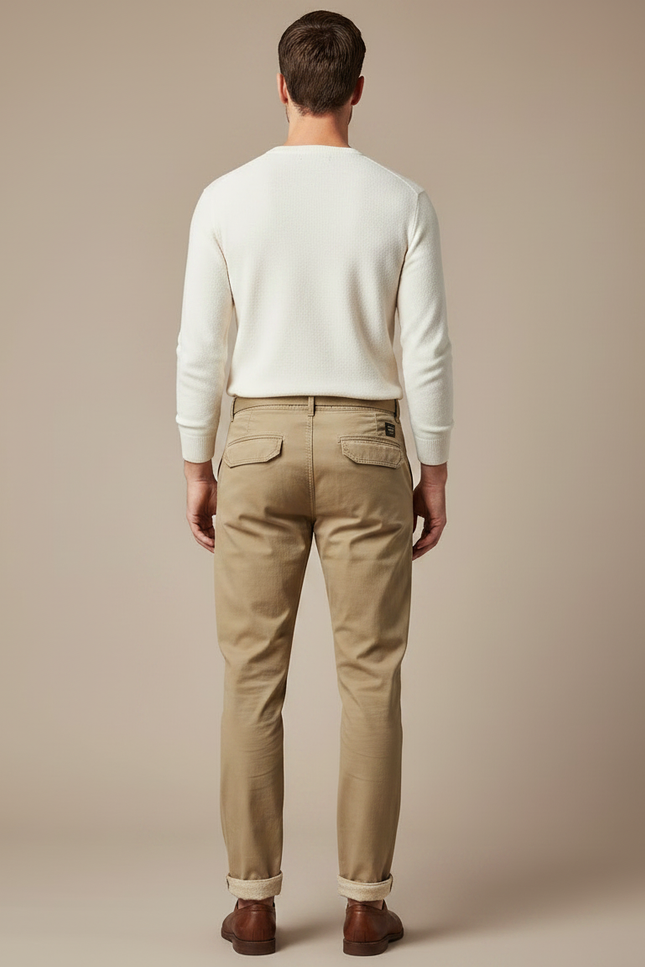 Pantalon Chino Homme Beige Coton Décontracté Ceinturé - vue 2