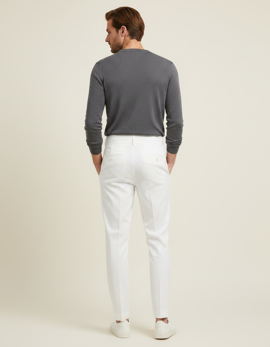Pantalon Chino Blanc Taille Haute Plissé Droit Élégant Homme - Gabardine - vue 2