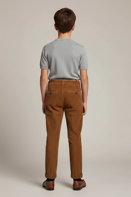 Pantalon Chino Marron Côtelé Plissé Enfant Décontracté - Cordé - vue 2